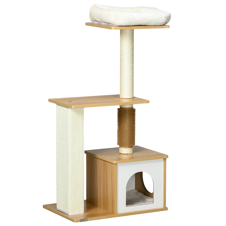 Kradsetræ med kattehule, 1 katteseng, 1 liggeflade, 59,5 cm x 39,5 cm x 114 cm, brun + hvid