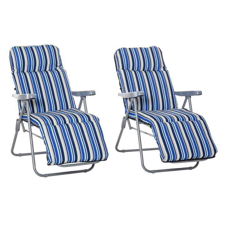 Sæt med 2 foldbare liggestole med hynder, justerbar ryglæn med 5 positioner, havestol, havemøbelsæt, stål, polyester, blå, 60 x 75 x 65-102 cm