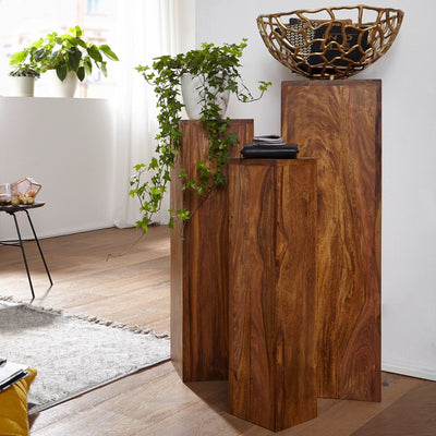 Søjleborde / sideborde, sæt af 3 stk., massivt træ, til dekorative elementer, brun