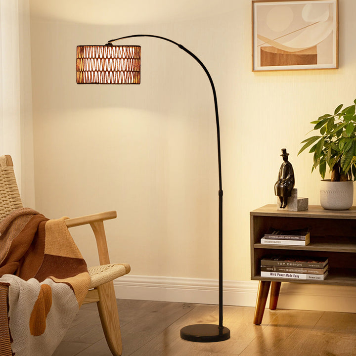 Gulvlampe med hamprebskærm, højdejusterbar, fodkontakt, metal, sort