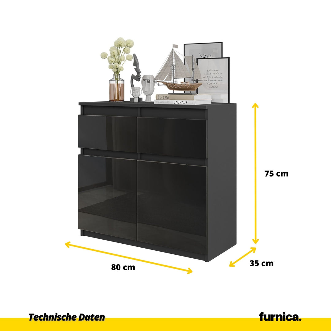 NOAH - Kommode med 3 skuffer - antracitgrå / højglans sort H75cm B80cm D35cm
