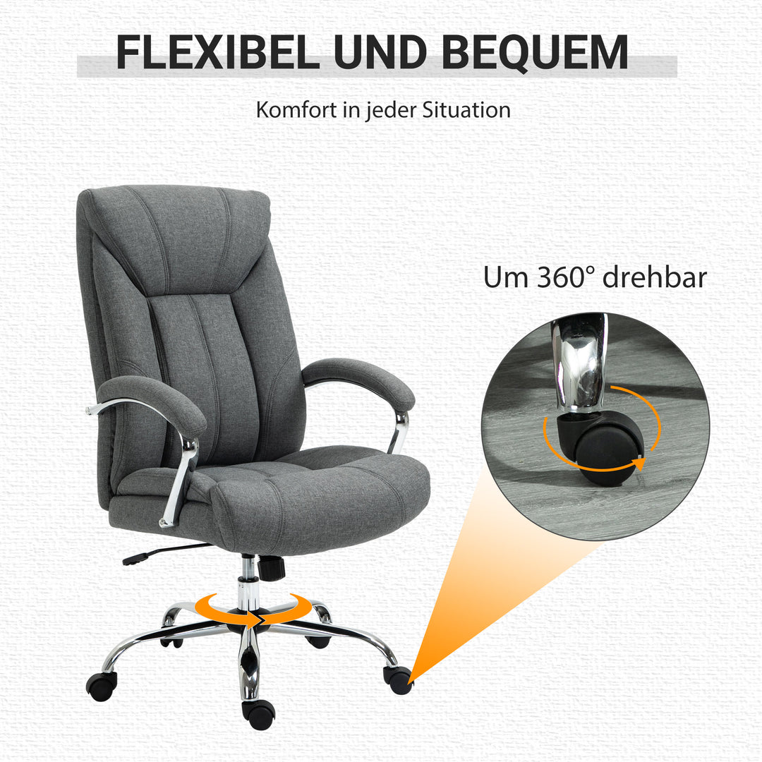 Kontorstol med gyngefunktion, ergonomisk stol med polstrede armlæn og nakkestøtte, højdejusterbar kontorstol, drejestol med ryglæn, nylon grå, 65 x 78 x 110-118 cm