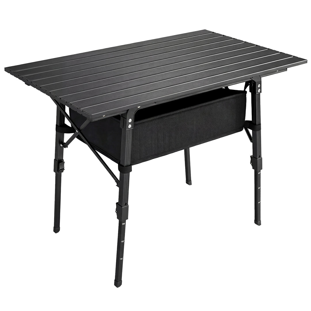 Campingbord med opbevaringskurv, højdejusterbar, foldbar, aluminium, sort
