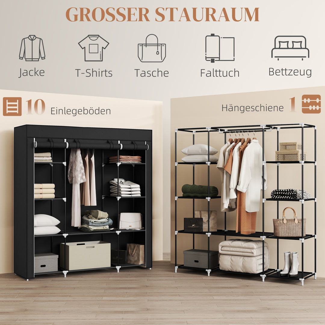 Stofgarderobe, foldbar garderobe, 1 bøjlestang, 9 hylder, 150 cm x 43 cm x 162,5 cm, sort