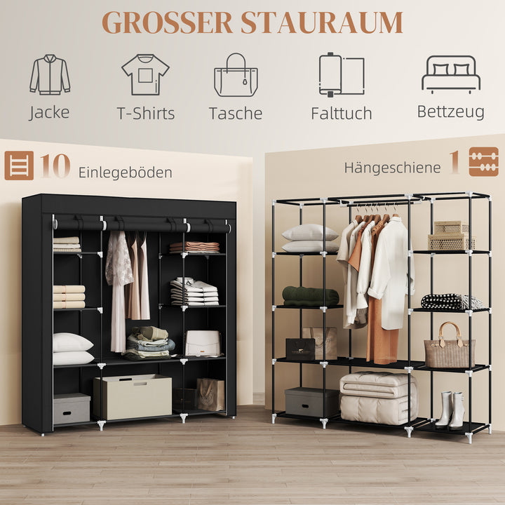 Stofgarderobe, foldbar garderobe, 1 bøjlestang, 9 hylder, 150 cm x 43 cm x 162,5 cm, sort