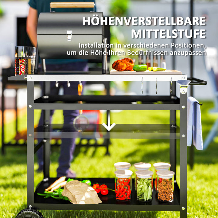 3-lags grillvogn/serveringsvogn med arbejdsflade, håndtag, låg, hjul, grillbord i rustfrit stål, 100x52x80cm, sort