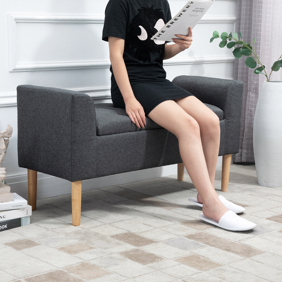 Bænk med opbevaringsplads, polstret bænk med linnedlook, træben, sengebænk, bæreevne op til 130 kg, til stue, soveværelse, entre, 116 x 44 x 58 cm mørkegrå