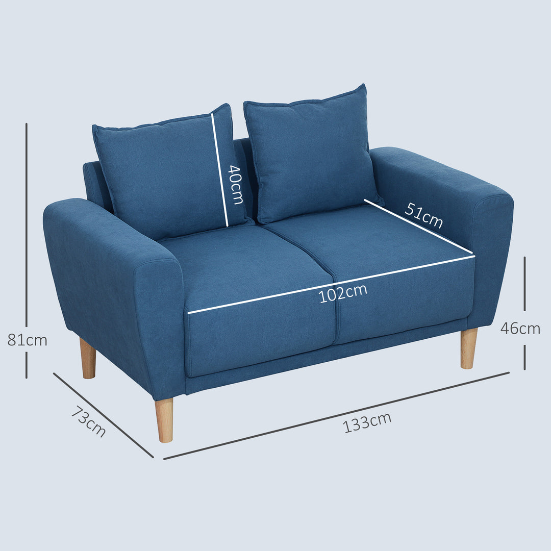 To-personers sofa, moderne stofsofa, 2 ryghynder, eukalyptustræstel, 133 x 73 x 81 cm, blå