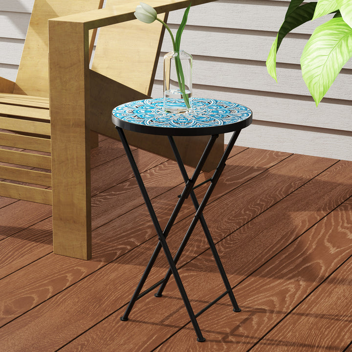 Mosaik havebord, foldbart rundt terrassebord med metalramme og keramisk bordplade, mosaikmønster, blå