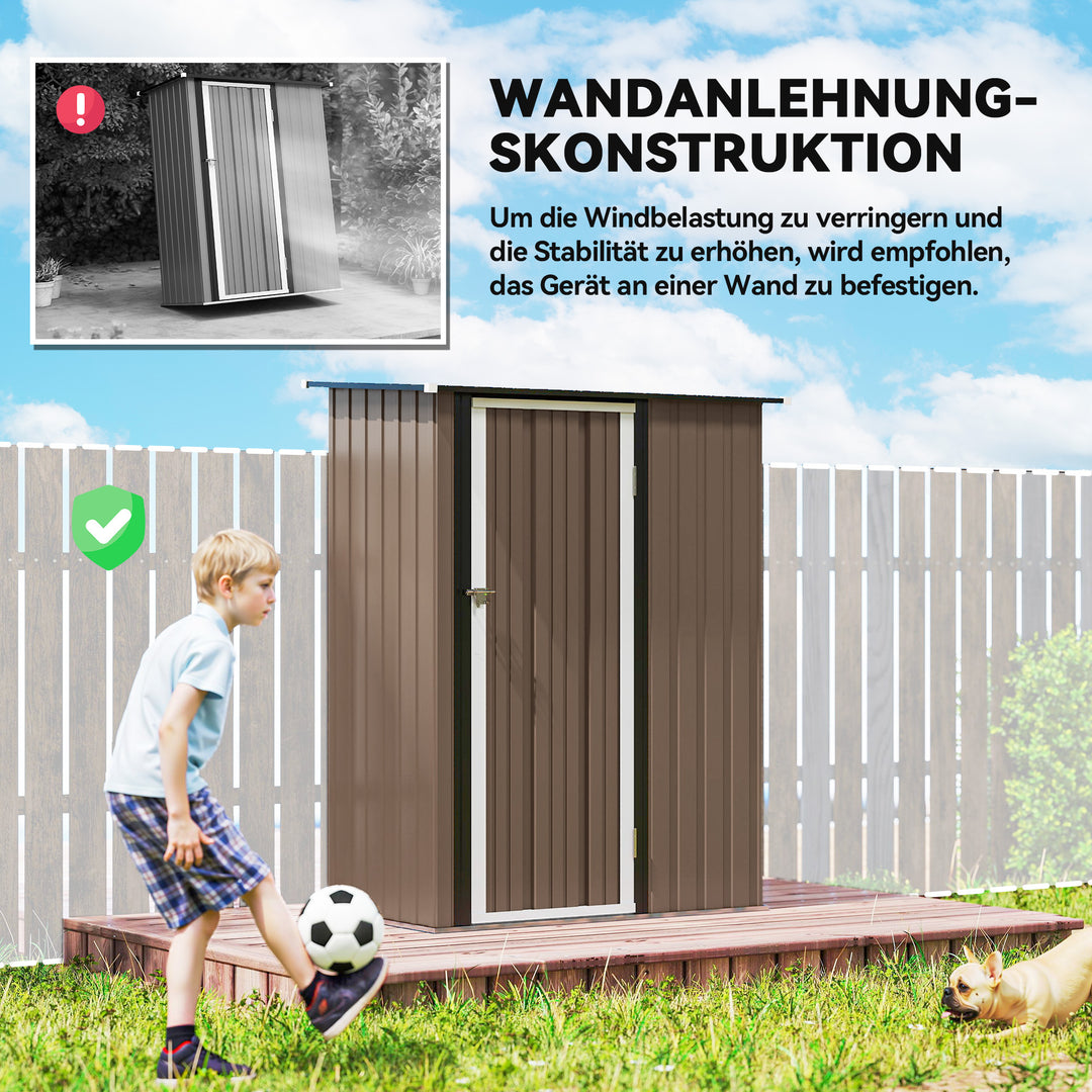 Haveskur 1,07 m² med skrånende tag, 142 x 86 x 189 cm, redskabsskur med aflåselig dør, havehus, stål, brun