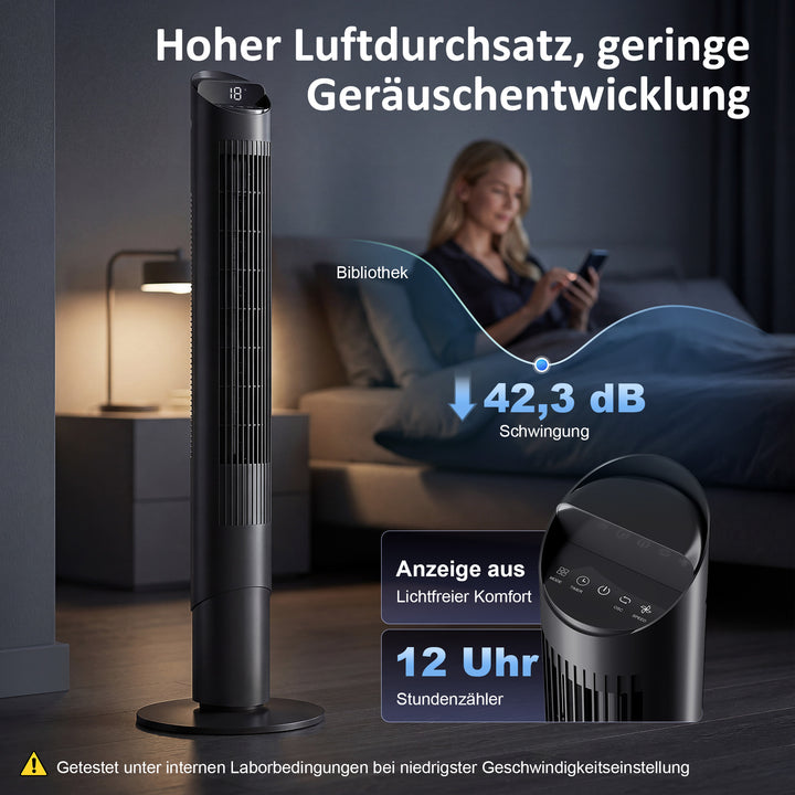 116 cm tårnventilator, standerventilator med fjernbetjening, WiFi-app-styring, 65° oscillation, 6 hastigheder, 4 tilstande