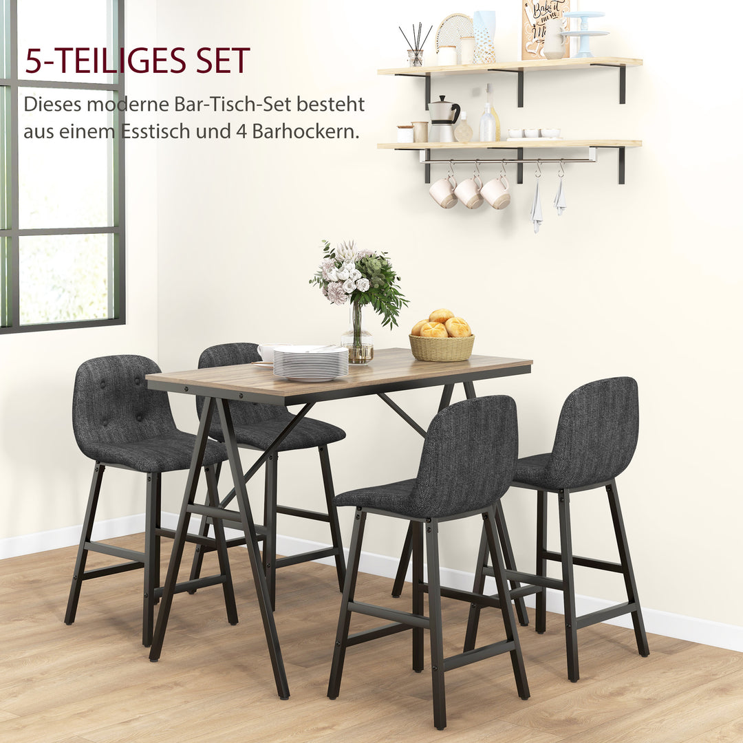 5-Delt barsæt, bord og 4 stole, knapsyninger, tyk polstring, linnedlook, mørkegrå