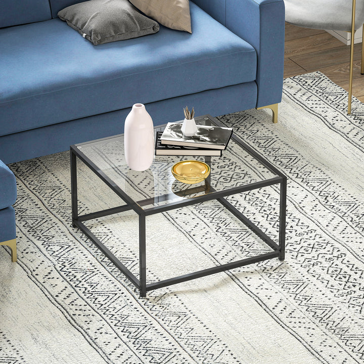 Firkantet sidebord/natbord med bordplade i hærdet glas, sofabord med stålben, 68 x 68 x 39 cm, sort