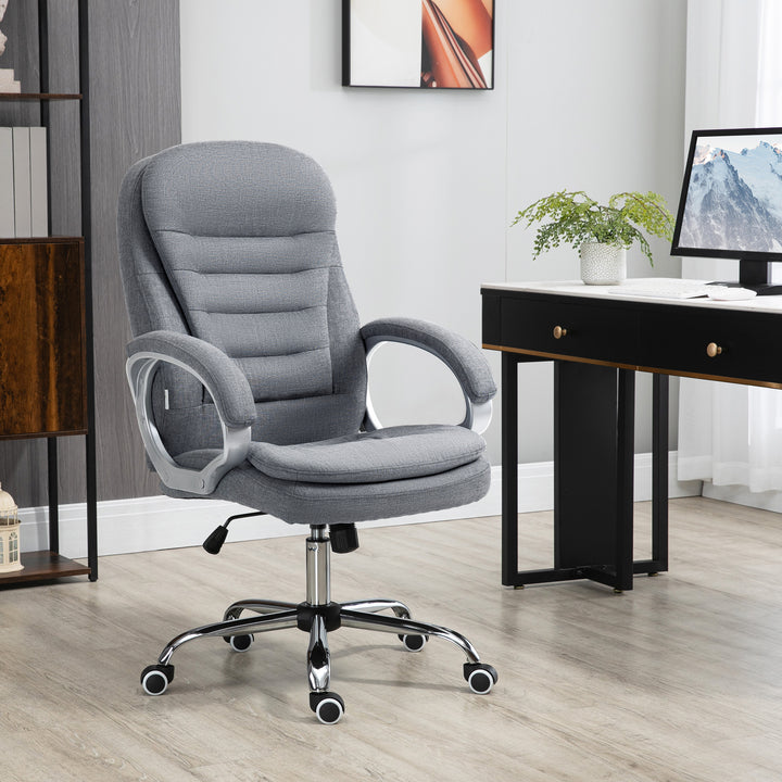 Kontorstol, arbejdsstol, skrivebordsstol, drejestol, 360° ergonomisk gyngefunktion, højdejusterbar, grå linned, 64 x 75 x 111-121 cm