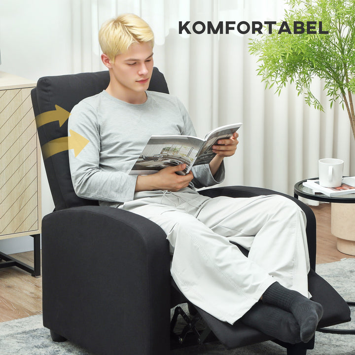 Lænestol, justerbar 135°, udtrækkelig fodstøtte, polstrede armlæn, hør-polyester, sort
