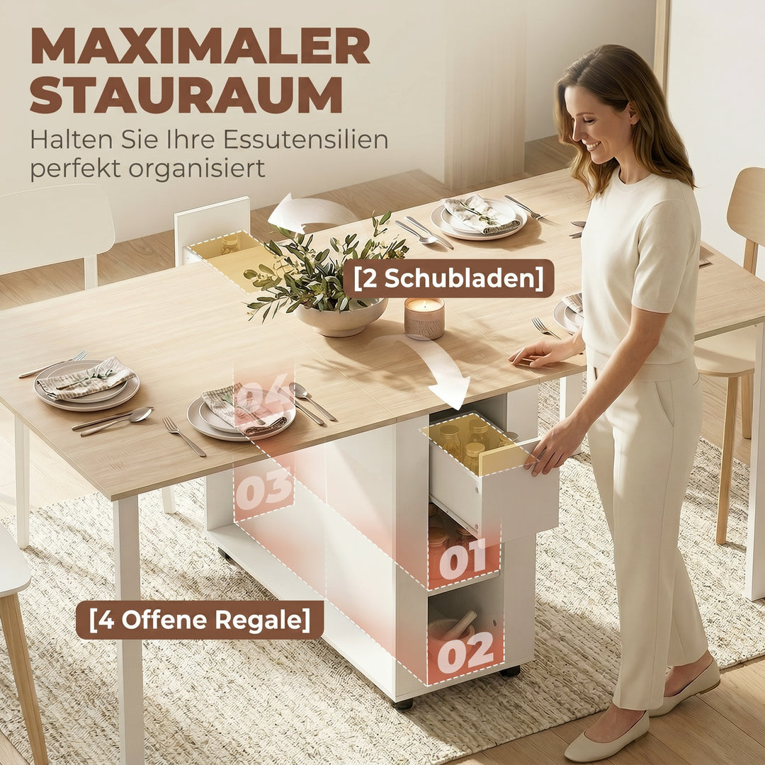 Klapbord til 6 personer, 168 cm udtrækkeligt spisebord med 2 skuffer og 4 opbevaringsrum