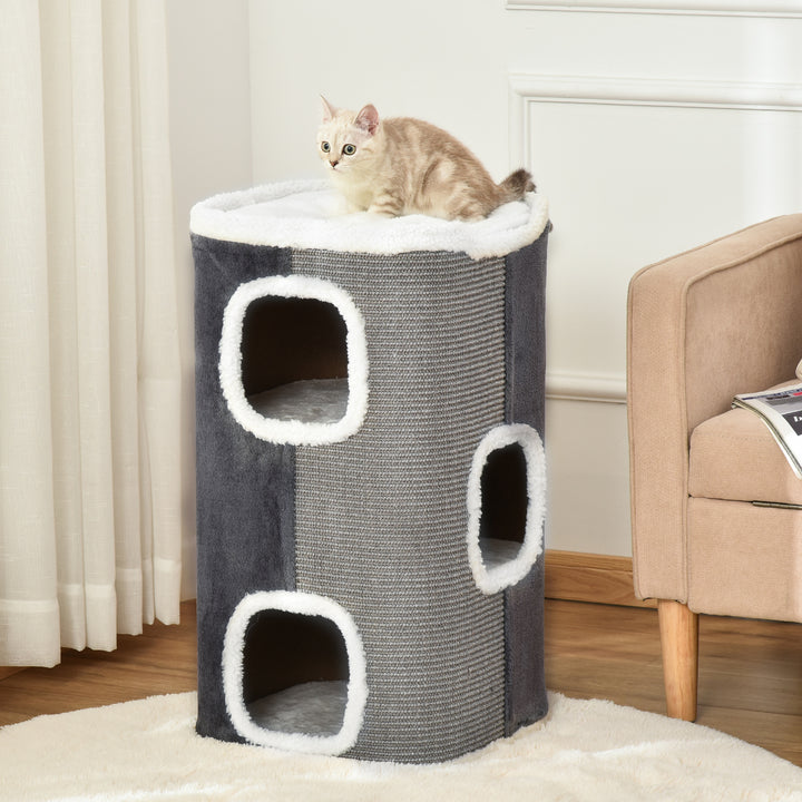 Kradsetræ til katte, kradsetræ til katte, 3 niveauer, klatretræ til katte, kattemøbler, spånplade, fløjlsagtig polyester, sisal, grå+hvid, 40 x 40 x 74 cm
