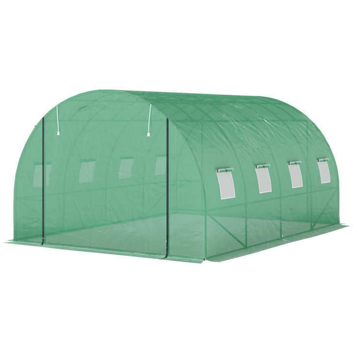 Polytunnel drivhus med plastikdæksel og stålramme, walk-in drivhustelt med rulledøre, grøn