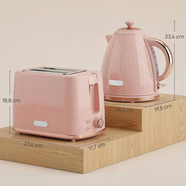 Elkedel- og brødristersæt, 1,7L 2200W hurtigkogende elkedel med automatisk slukning og 2-skivers brødrister med krummebakke, pink