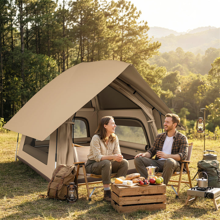 Pop-up-telt med regnslag, vandtæt kuppeltelt til 2-3 personer med bund, 4 vinduer, 235x235x184 cm, khaki