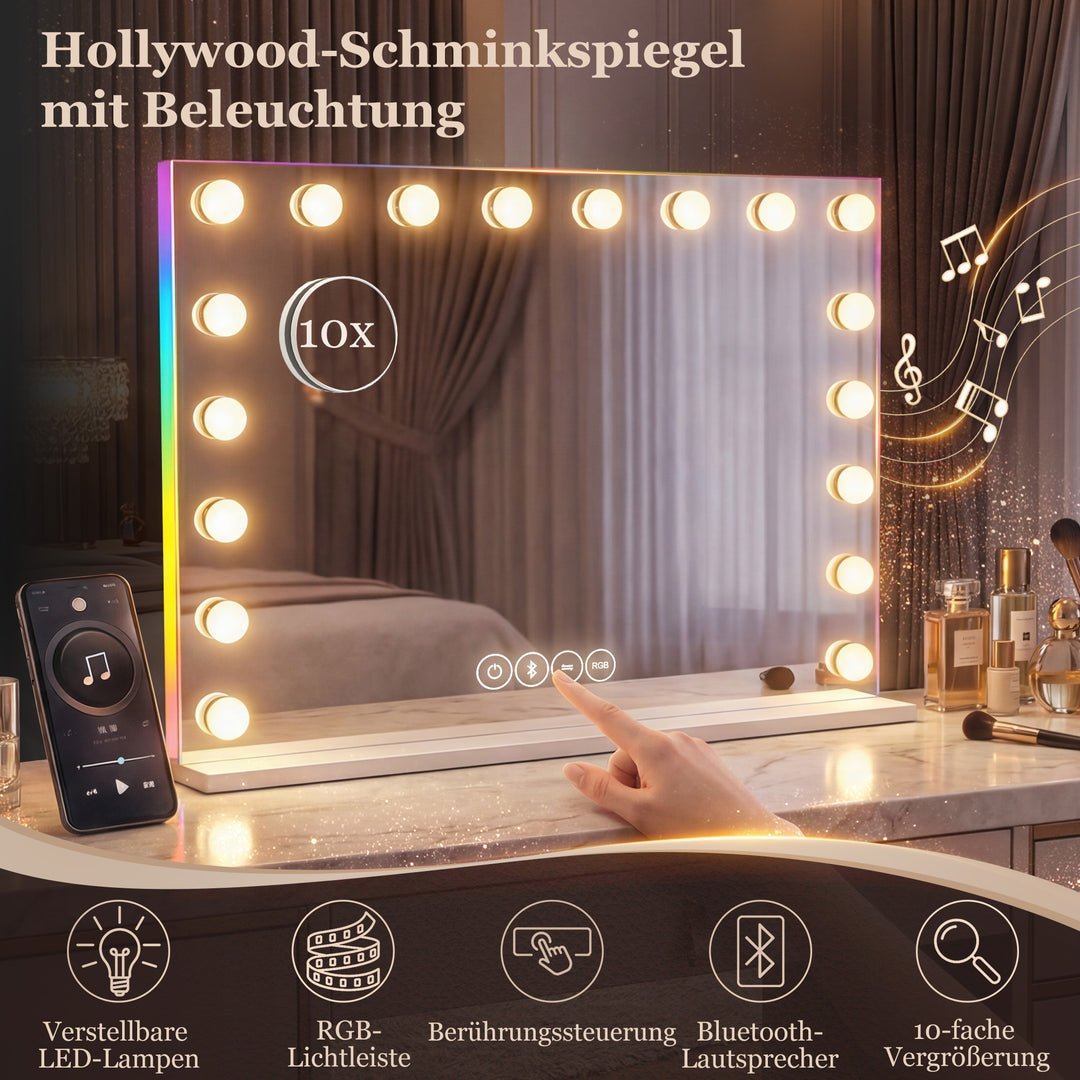 Hollywood makeupspejl med 18 dæmpbare LED-lys, 3 farver, RGB-lys, Bluetooth-højttaler, 10x forstørrelse, hvid