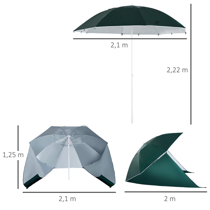 2-i-1 strandparasol Ø 210 cm UPF 50+ vindtæt strandparasol med sidepaneler bæretaske balkonparasol foldbar haveparasol solbeskyttelse til rejser, strand, balkoncamping mørkegrøn