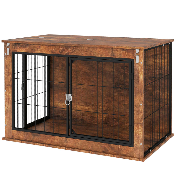 Hundebur, transportkasse til hunde, hvilekasse, til kæledyr, 2 låsbare døre, 98 x 60 x 65,5 cm, brun
