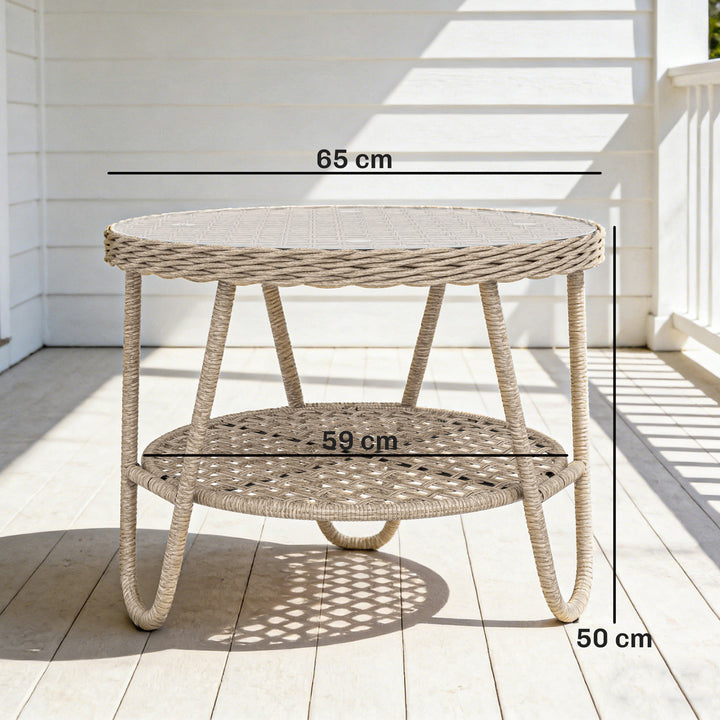 Polyrattan sidebord, 2-lags sofabord med hylde, glasplade, justerbare fødder, 65 x 65 x 50 cm, gul