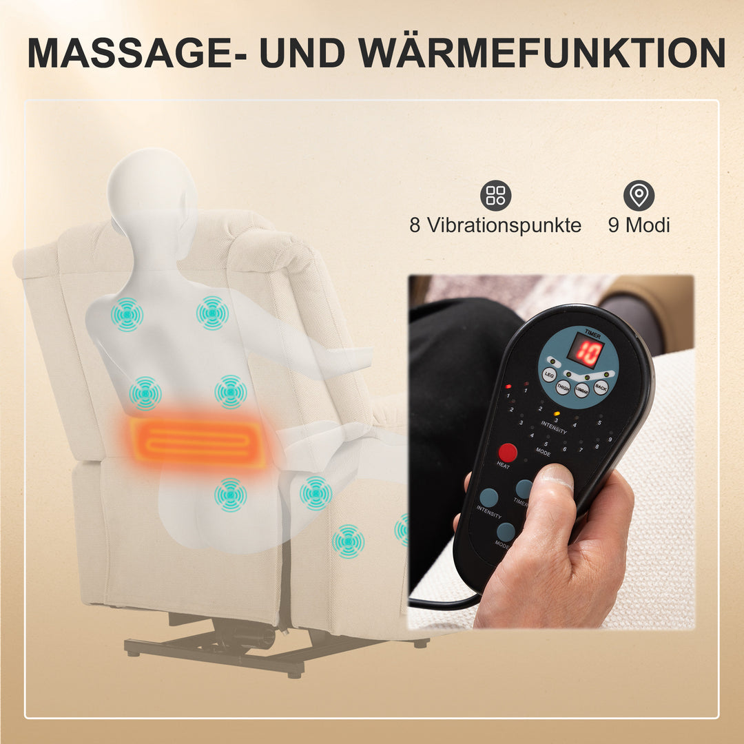 Powerlift-stol, massagestol med varmefunktion, polstret stol med fodstøtte, sidelomme, stofbetræk, beige