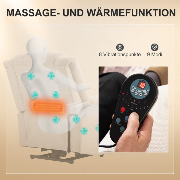 Powerlift-stol, massagestol med varmefunktion, polstret stol med fodstøtte, sidelomme, stofbetræk, beige