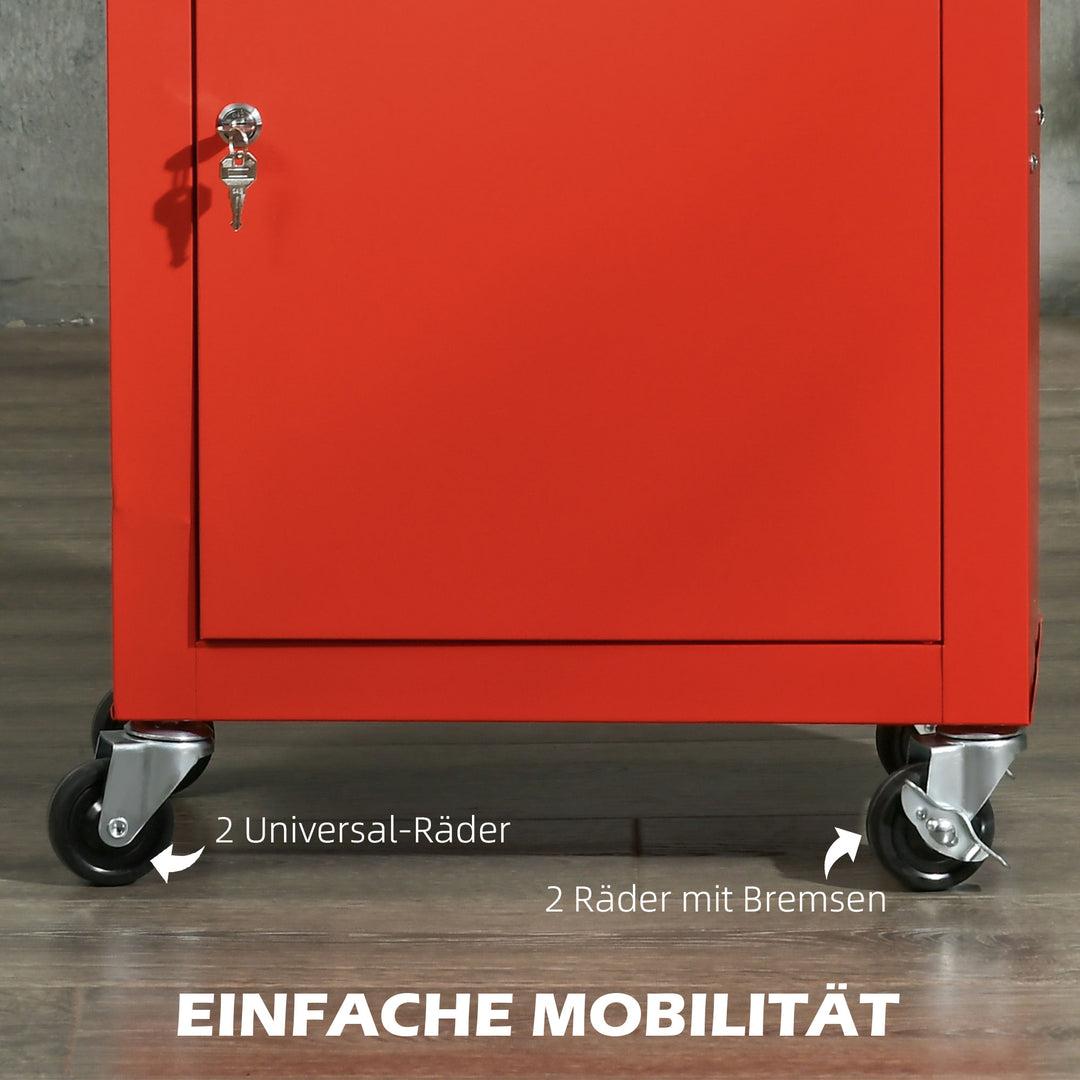 2-I-1 mobil værktøjsvogn med 3 skuffer og værktøjstavle, stålkabinet, 46l x 28b x 94h cm, rød