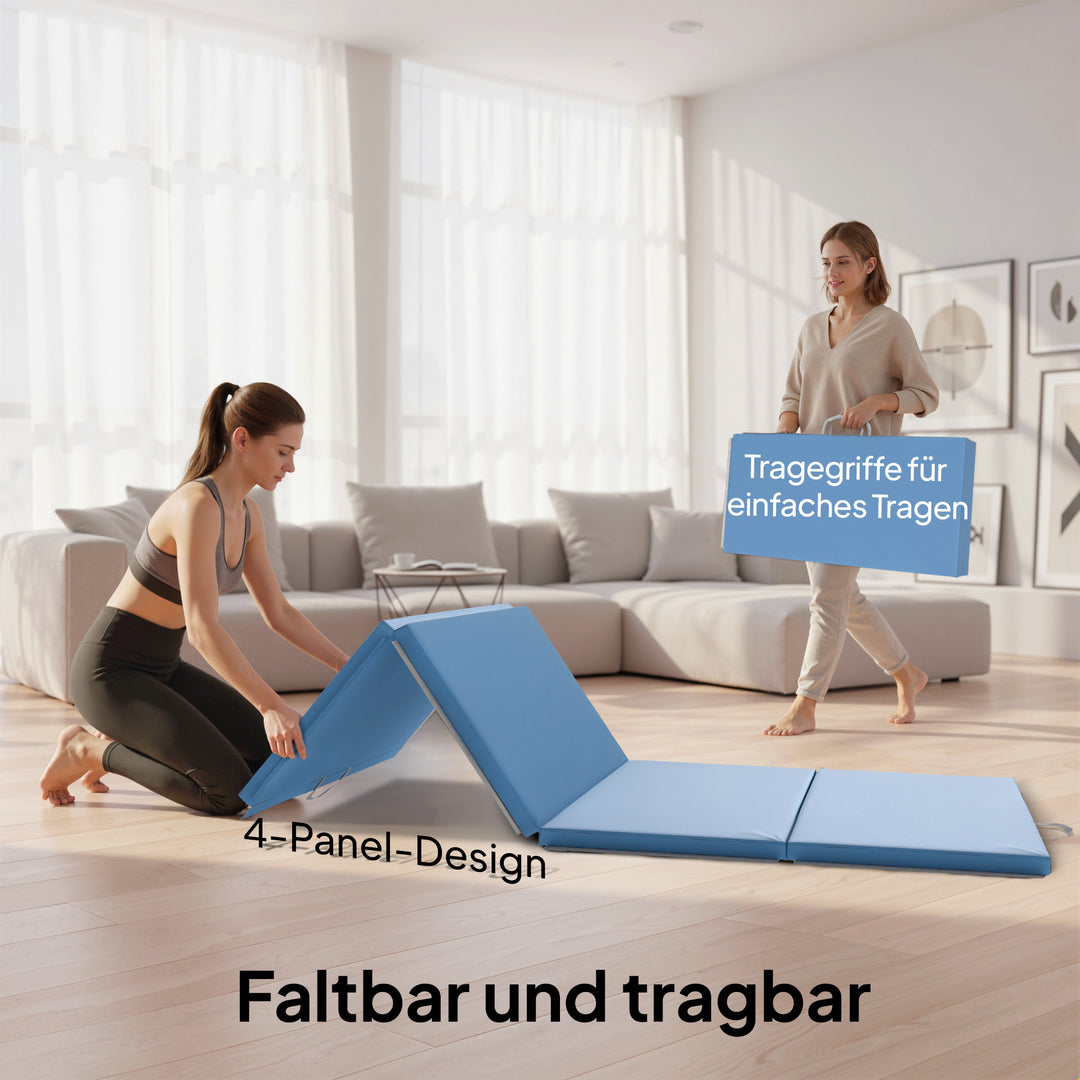 Træningsmåtte, foldbar fitnessmåtte, sportsmåtte med håndtag til yoga, MMA, fitness, Pilates, 240 x 120 x 5 cm, lyseblå
