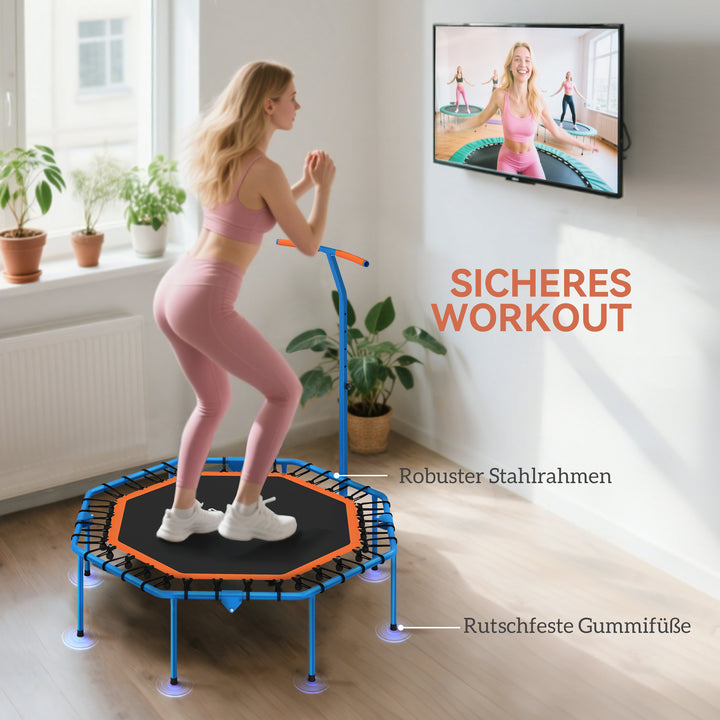 Fitnesstrampolin, træningstrampolin med justerbart håndtag, stabil og støjsvag, til indendørs brug, stål, blå