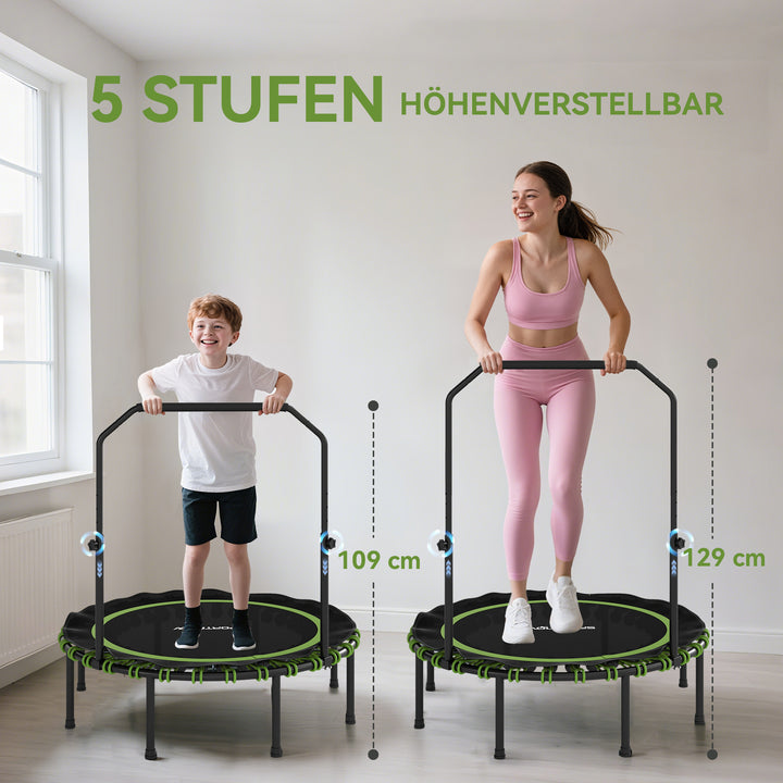 Fitnesstrampolin med justerbart gelænder, sportstrampolin til indendørs og udendørs brug, stål, plastik, grøn