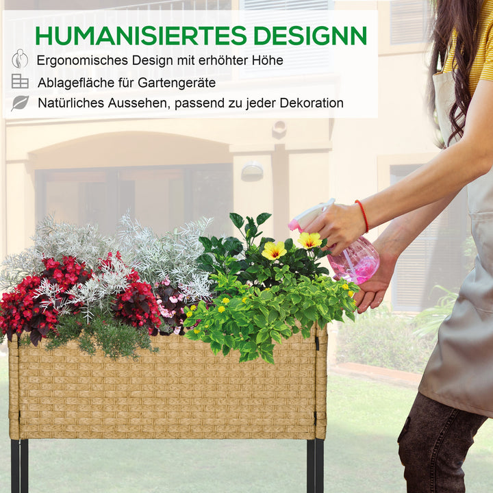 Højbed, blomsterkasse, dyb hylde, metalstel/polyrattan, 70 x 30 x 72 cm, beige