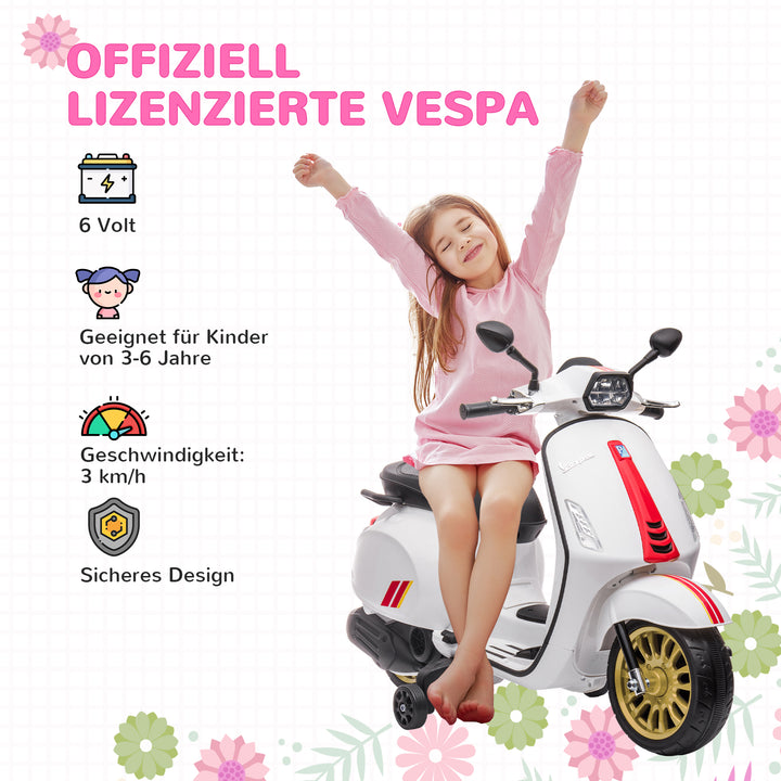 Elektrisk børnemotorcykel, vespa, 3 km/t, 3-6 år, musik, lys og radio, hvid