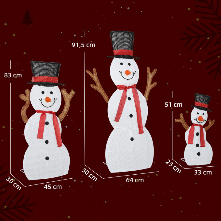 3-delt julesnemandsfamilie, udendørsdekoration, LED-lys, jordspyd, vandtæt, stål, polyester, hvid