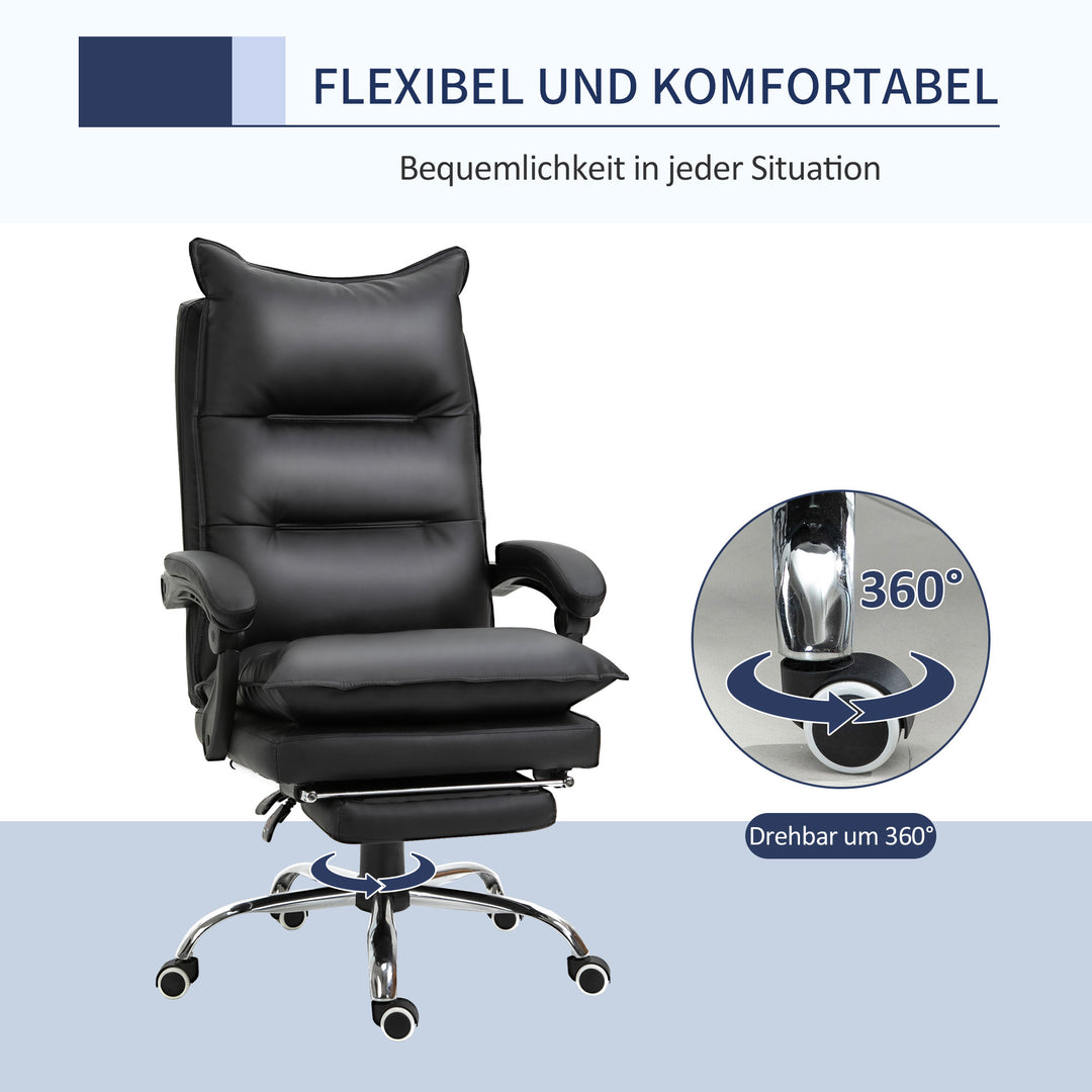 Kontorstol med lænefunktion, ergonomisk skrivebordsstol, højdejusterbar drejestol med fodstøtte, polstret, lasteevne op til 135 kg, til kontor, studie, sort