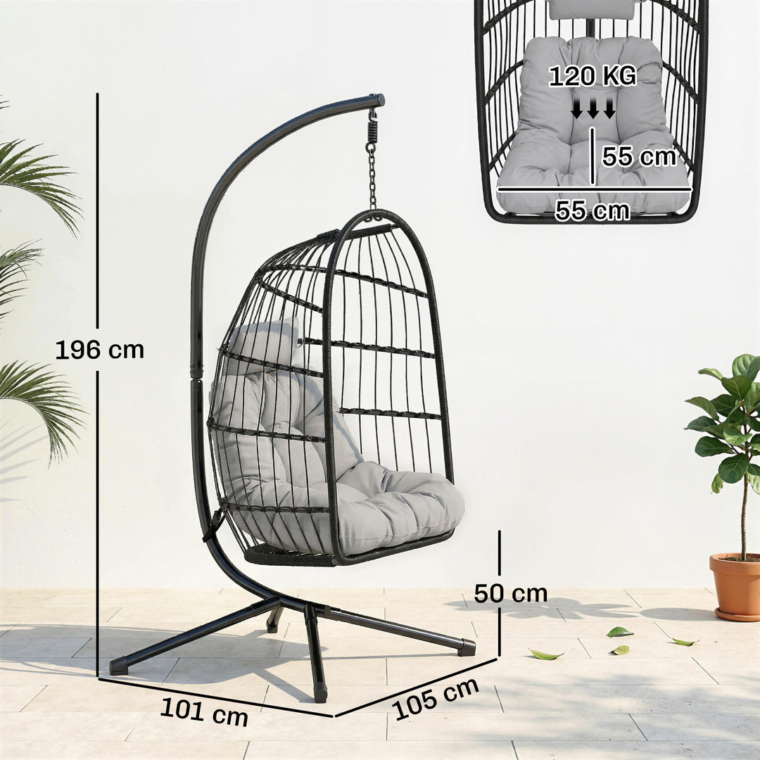 Hængestol med stel, foldbar hængekurv i polyrattan med hynde, sikkerhedssele, nakkestøtte, justerbare stropper