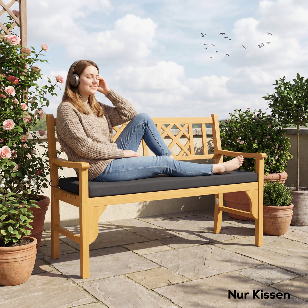 Vandafvisende bænkhynde, udendørs siddehynde med aftageligt betræk og fastgørelsesstropper til have og terrasse, 110 x 46 cm, mørkegrå