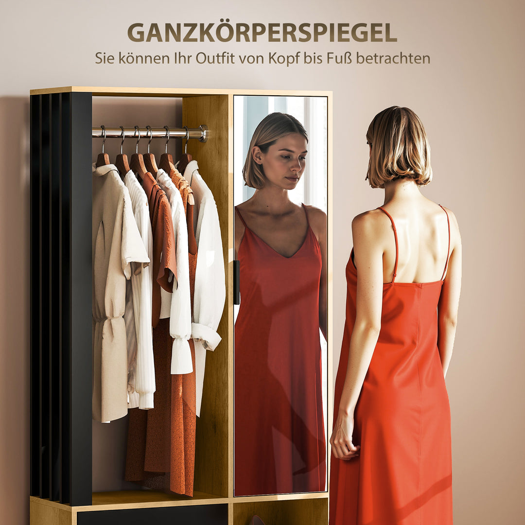 Garderobe med spejl og bøjlestang, opbevaringsrum, åbne hylder, naturtræ, sort