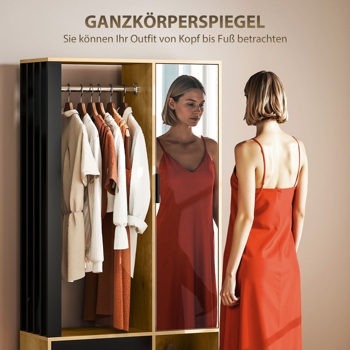 Garderobe med spejl og bøjlestang, opbevaringsrum, åbne hylder, naturtræ, sort