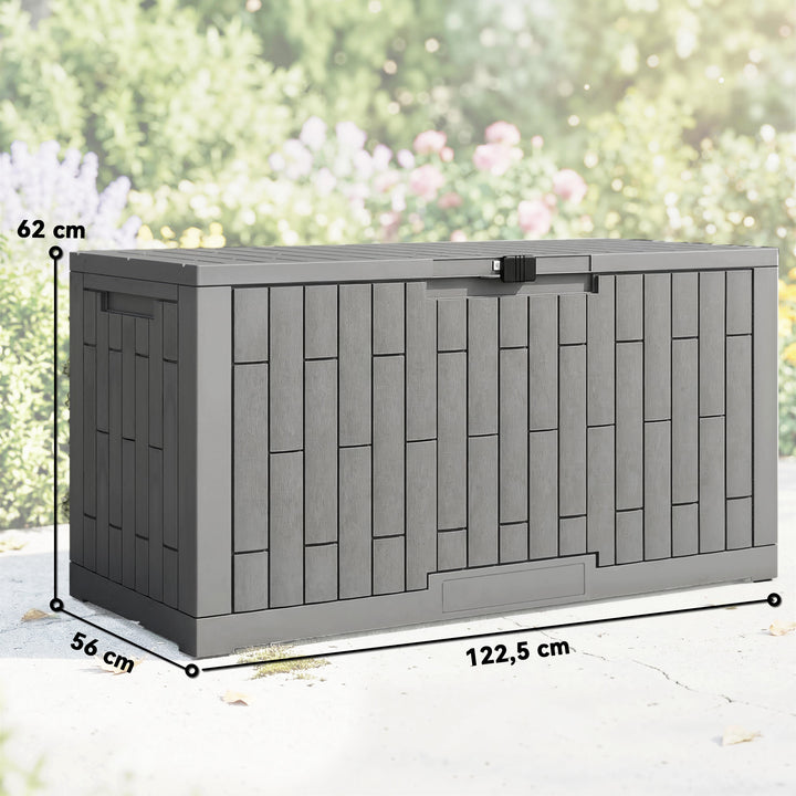 Haveopbevaringskasse, 379 liter, vandtæt, aflåselig, UV-bestandig, med trælook-finish, til havebrug, 122,5 x 56 x 62 cm, grå