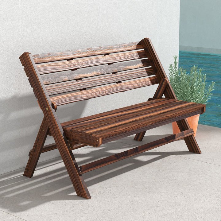 Havebænk til 2 personer, rustikt design, foldbar, naturtræ, 122 x 63 x 83 cm, forkullet overflade