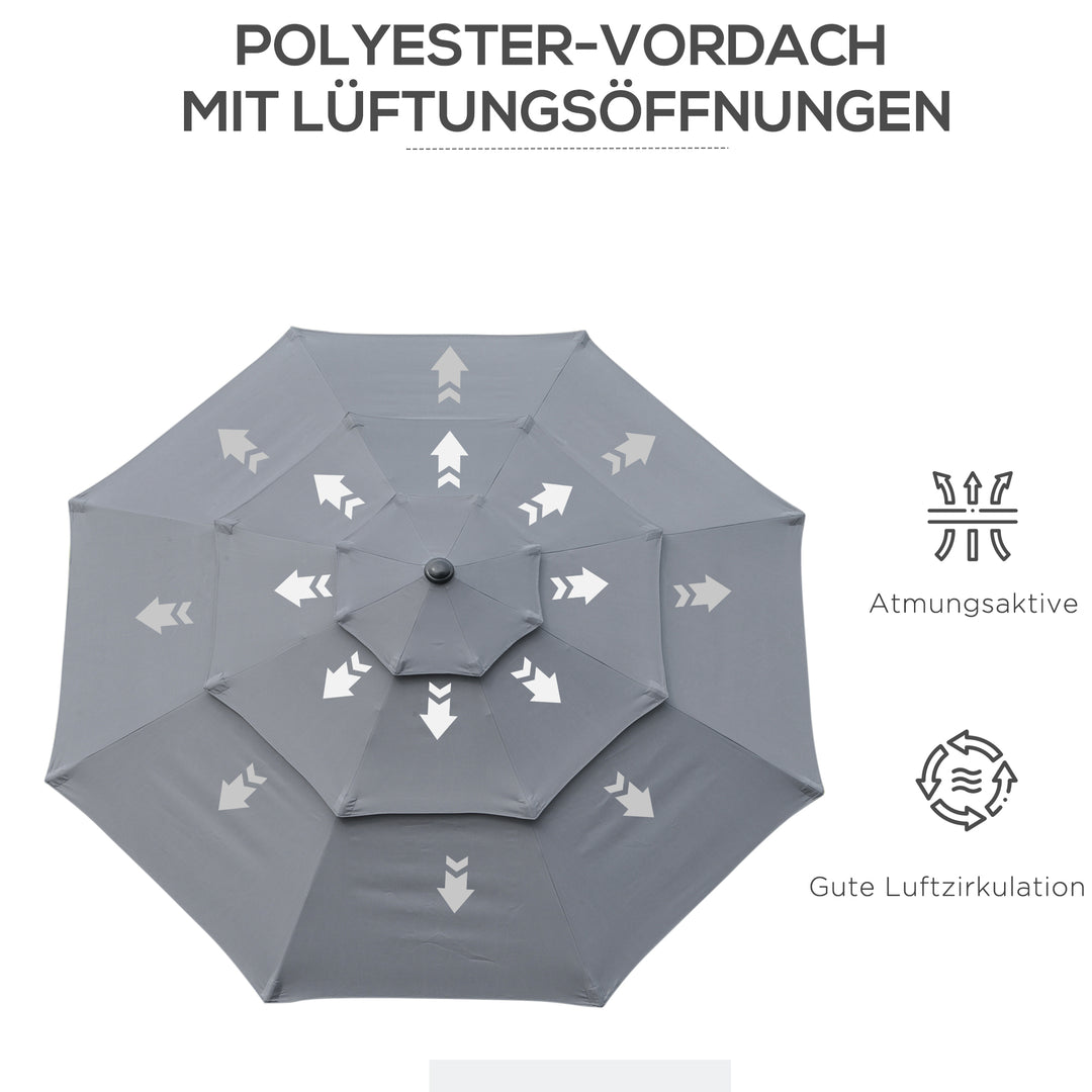 Parasol med 3-lags baldakin håndsving terrasseparasol drejelig markedsparasol 8 ribber haveparasol med solbeskyttelse, 2,6 m, stål, polyester, mørkegrå