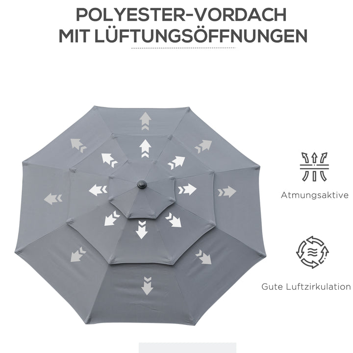 Parasol med 3-lags baldakin håndsving terrasseparasol drejelig markedsparasol 8 ribber haveparasol med solbeskyttelse, 2,6 m, stål, polyester, mørkegrå