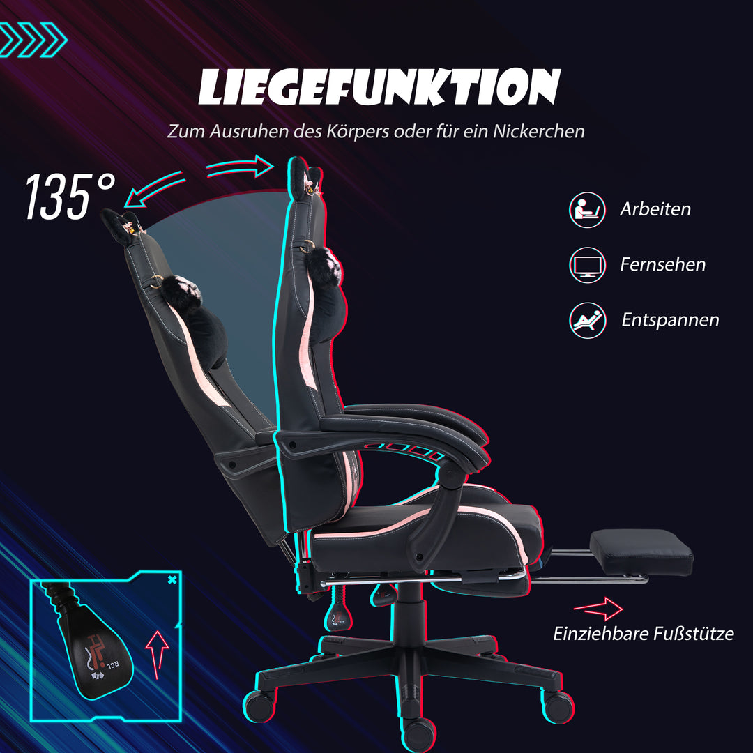 Gamingstol med katteører, lænelæn, udtrækkelig fodstøtte, op til 120 kg, pink/sort