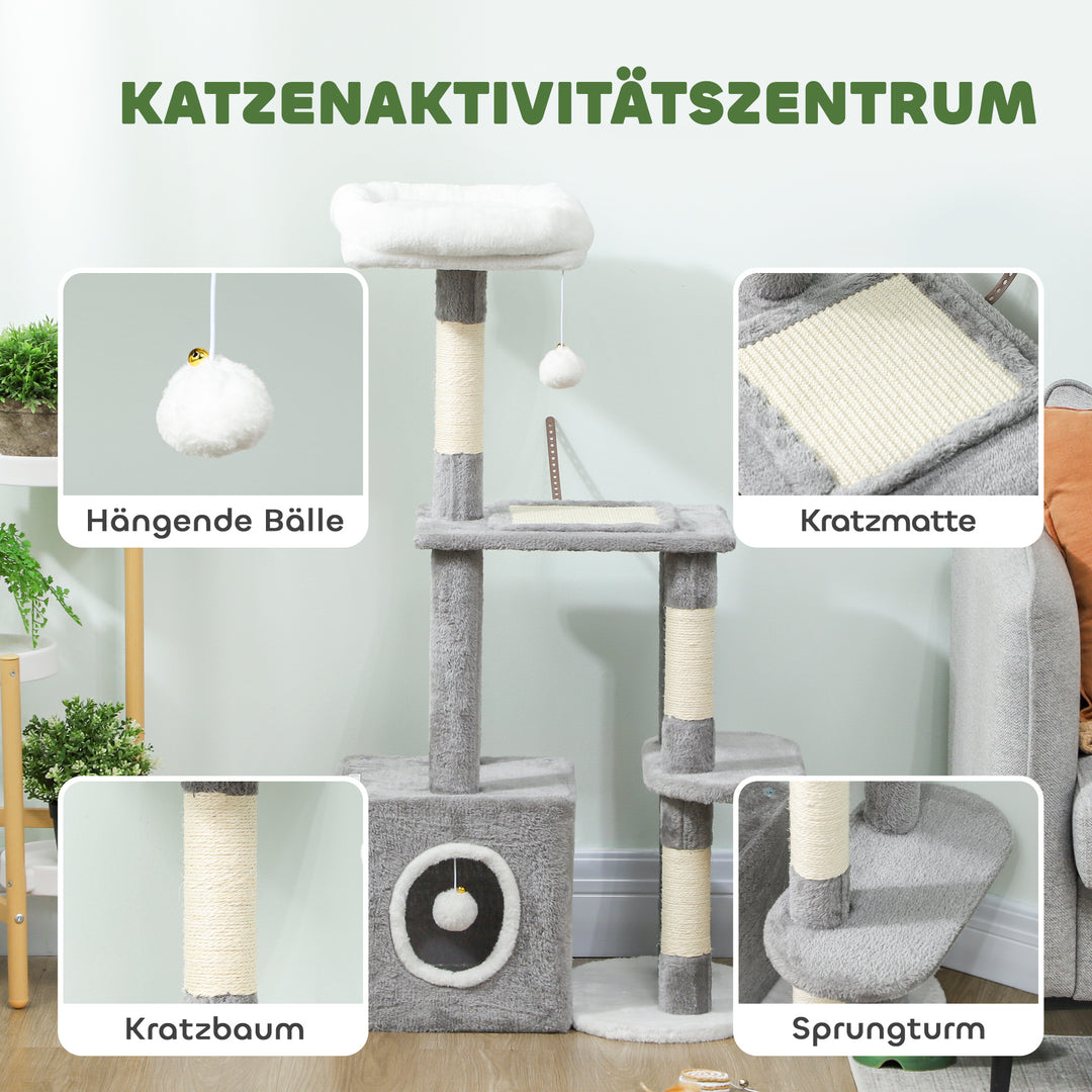 Kradsetræ 107 cm kattetårn med hule, 2 plysbolde, sisalstolper, stor platform, 55x40x107 cm, grå