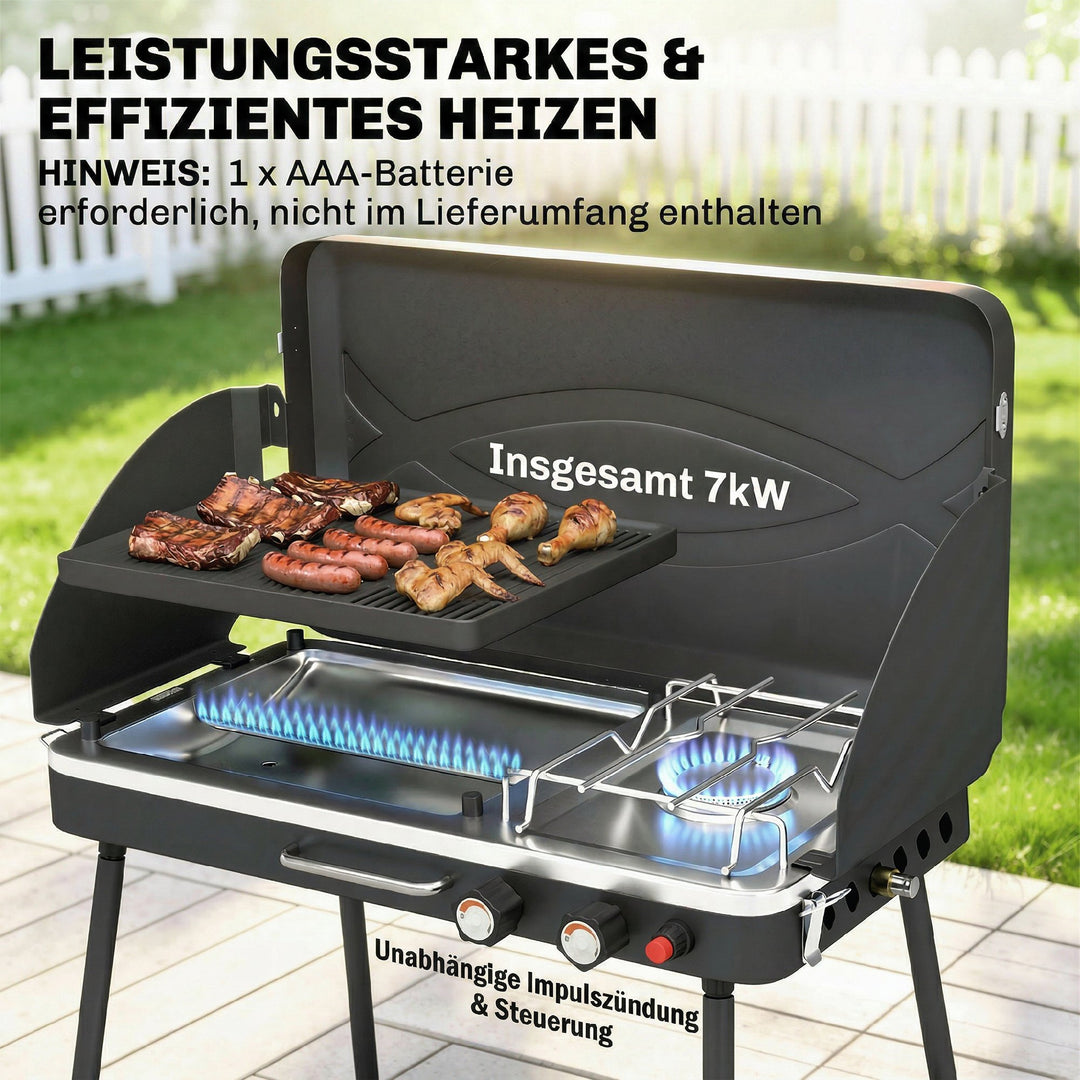 Bærbar gasgrill, 2 brændere, 7 kW, 2-i-1 bordgrill med stegefunktion, foldbare ben, grillrist, vindskærm, låg og låsemekanisme.