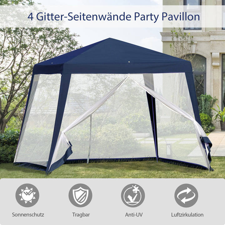 Havepavillon, lysthus, partytelt, vejrbestandigt telt med myggenet, metal + polyester, blå, 3 x 3 m